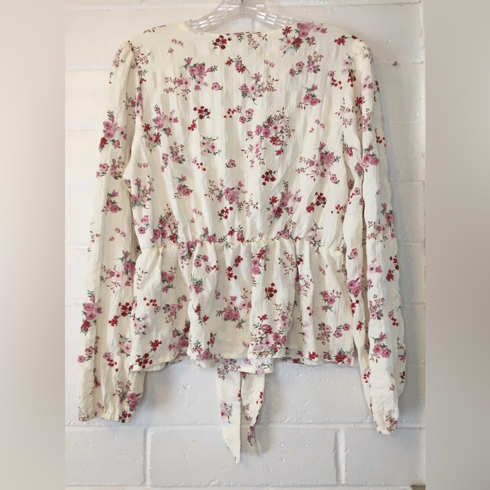 Floral Tie-Front Blouse - Cream and Pink - Picture 7 of 16